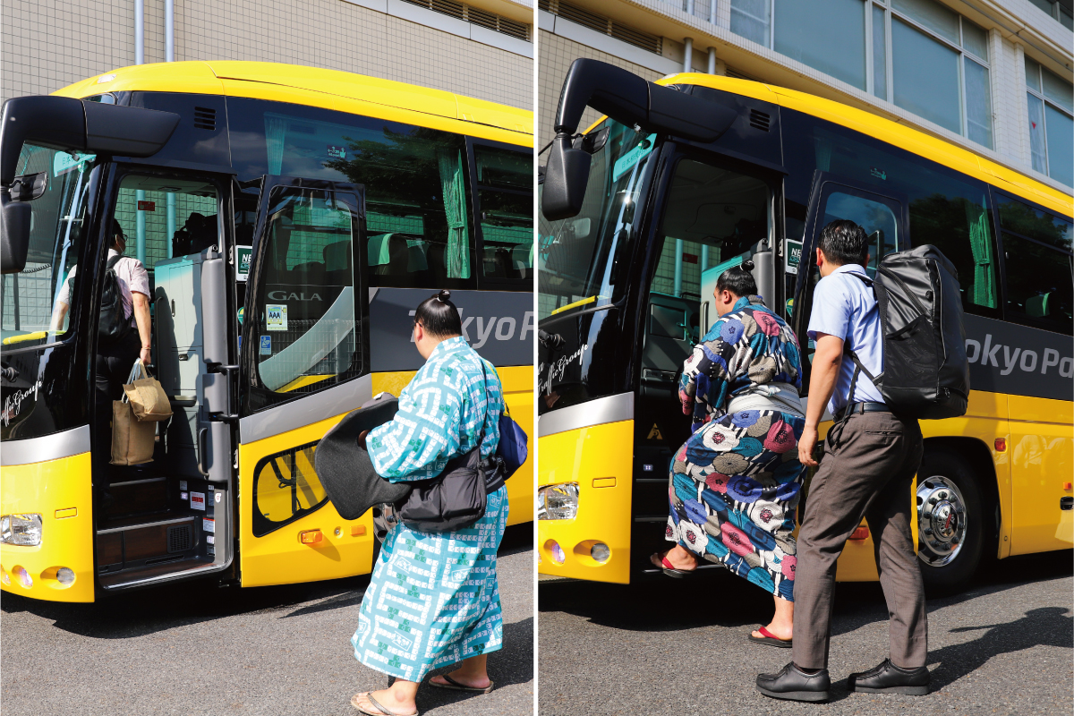 巡業後バスに乗る力士や関係者の皆様2