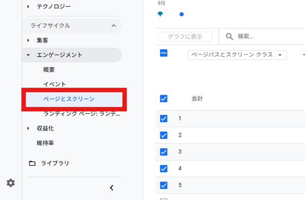 イメージ画像　「エンゲージメント」のサブメニューが開いたら、「ページとスクリーン」を選択